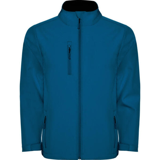 A blue softshell jacket with a front zipper and side pockets, featuring a small chest pocket and a collar.