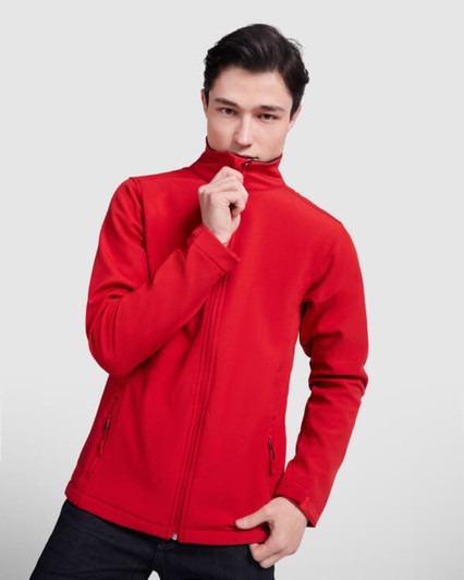 A red softshell jacket with a high collar and zippered front, featuring side pockets and a logo.