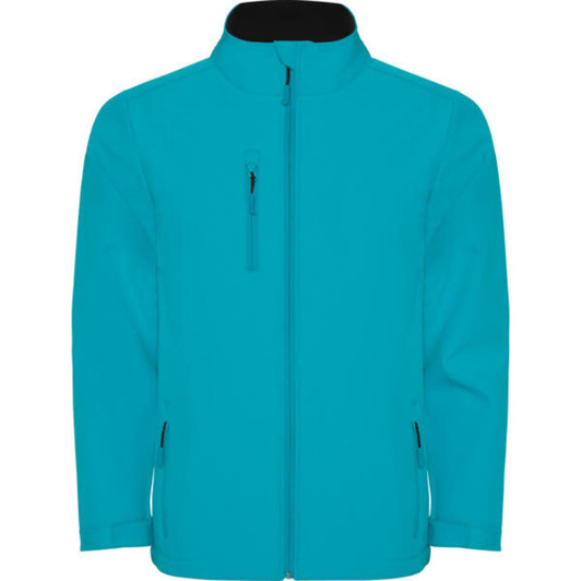 A turquoise softshell jacket with a zip-up front, side pockets, and a collar. It features a logo.