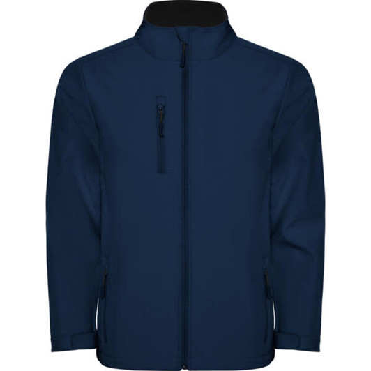 A navy softshell jacket with a zip front, side pockets, and a collar, featuring a logo.