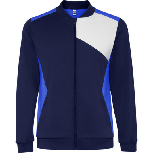 A sports jacket featuring navy and bright blue panels, with a white accent and a front zipper. It has a logo on the chest.