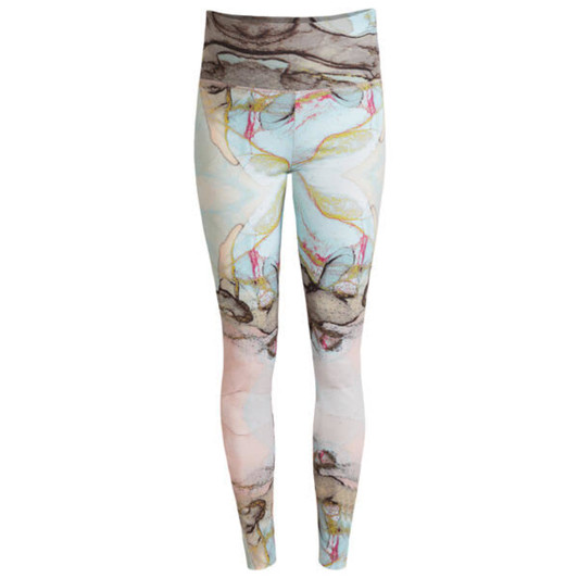 Leggings featuring a multi-coloured abstract design with soft hues and a fitted style. Includes a logo.