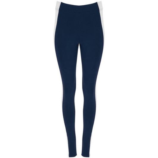 Navy leggings with white side panels, featuring a branded logo. Suitable for activewear or casual wear.