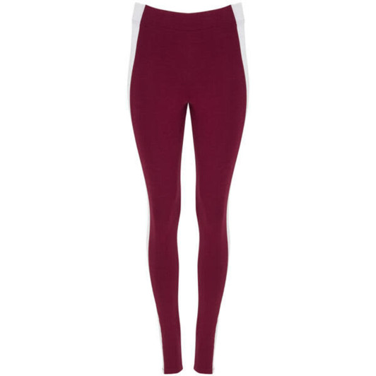 Maroon leggings featuring white side panels, designed as athletic bottoms with a fitted silhouette. Includes branding.