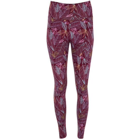 A pair of maroon leggings featuring a vibrant leaf pattern and a logo on the waistband.