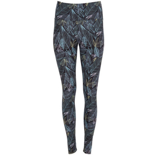 Leggings featuring a floral leaf pattern in shades of blue, grey, and green on a dark background.