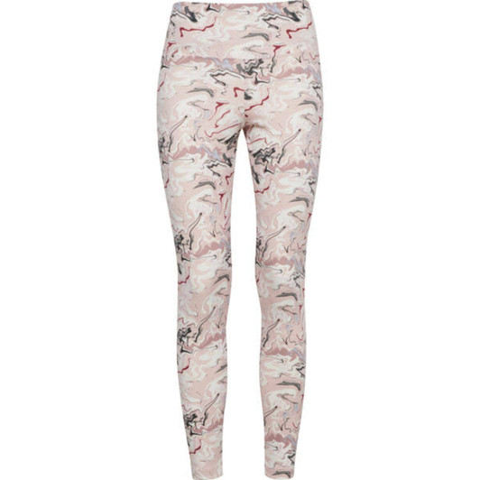 Leggings in a pink and grey abstract pattern with a high waist and a logo on the waistband.