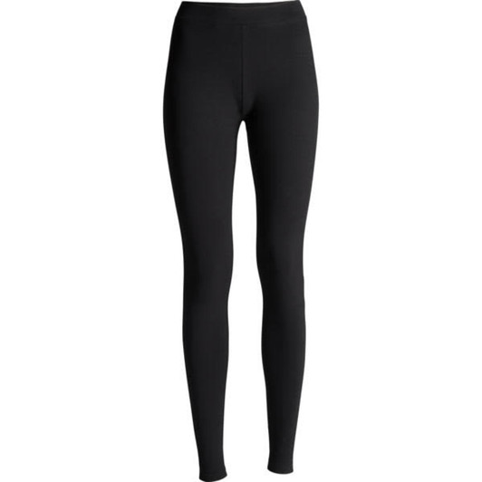 A pair of black leggings with a smooth, fitted design and a waistband. The item has a logo on it.