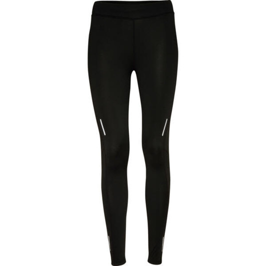 Black leggings featuring reflective detailing, designed for comfort and functionality. Includes a branding logo.