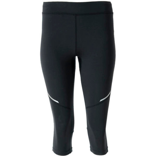 Black mid-length leggings with reflective detailing and a logo. Designed for comfort and movement.