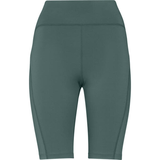 Short leggings in a muted green shade with a sleek design and a waistband; includes a small logo.