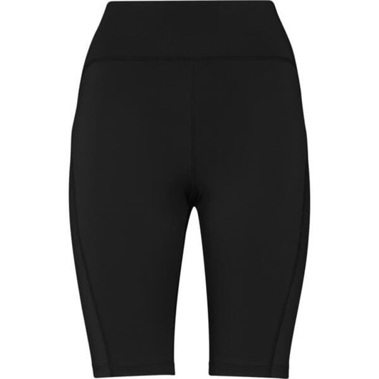 Black short leggings featuring a high waistband and a sleek design, with branding visible.