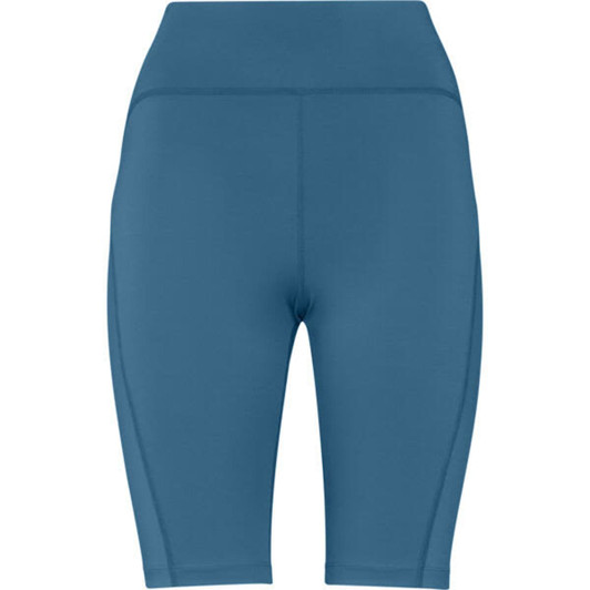 A pair of blue short leggings featuring a high waistband and a sleek design. Includes a branding logo.