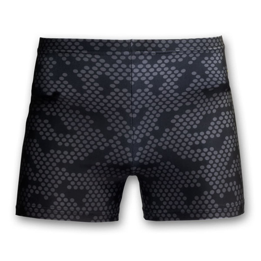 Black women's volleyball shorts featuring a textured, patterned design and a logo. Ideal for sports uniforms.