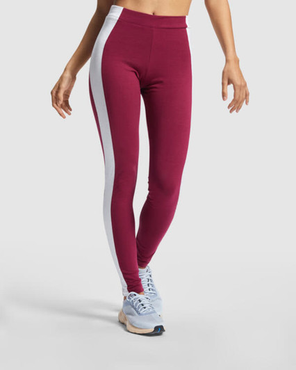 Maroon leggings with white side panels, featuring a fitted style and a branding logo.