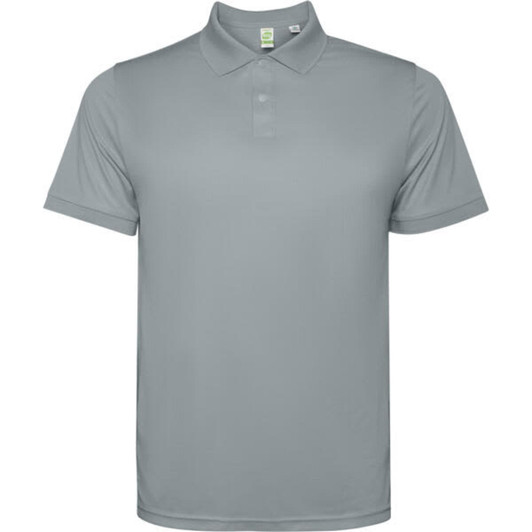 A grey polo shirt with a classic collar and short sleeves, featuring a logo.