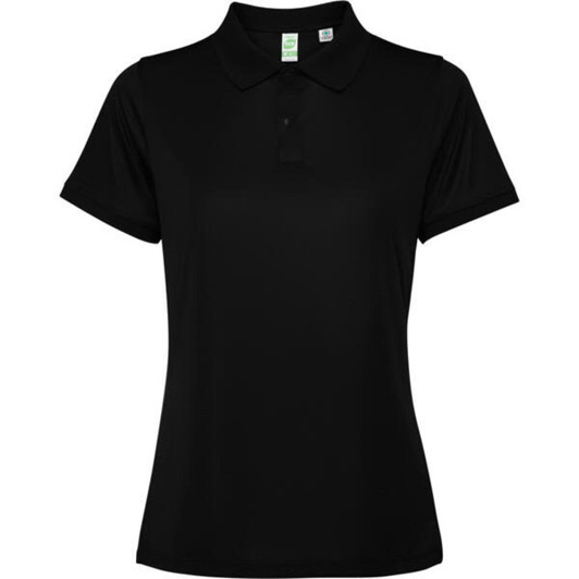 A black women's polo shirt with a collar and short sleeves, featuring a brand logo.