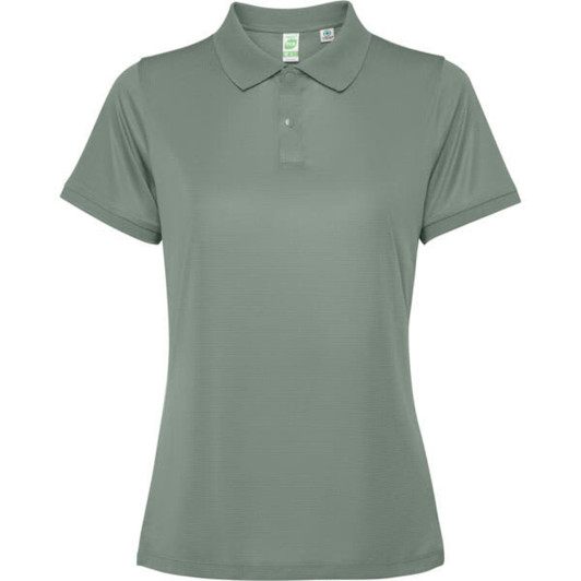 A women's polo shirt in a soft green colour with a classic collar and short sleeves, featuring a logo.