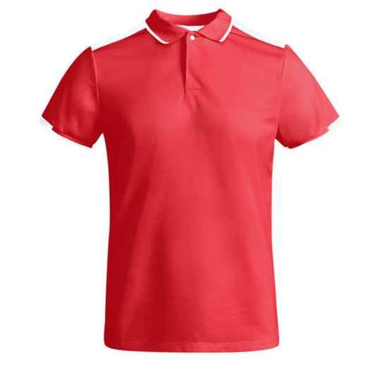 A red polo shirt with white accents and a collar, featuring a logo on the chest.