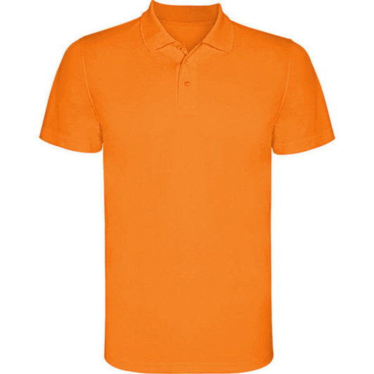 An orange polo shirt with a classic collar and short sleeves. It features a subtle logo on the chest.