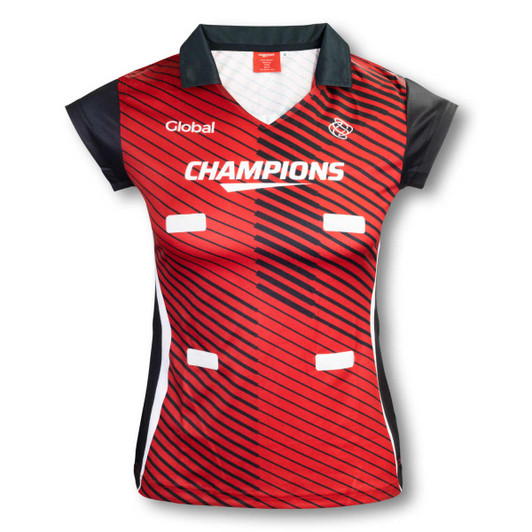 A women's netball top in red and black with a collar, featuring a logo and design elements.