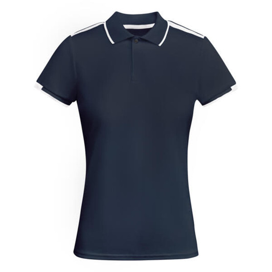 A navy blue women's polo shirt with white trim and a collar, featuring a logo on the front.
