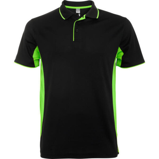 A black polo shirt with bright green side panels and collar trim, featuring a logo on the chest.