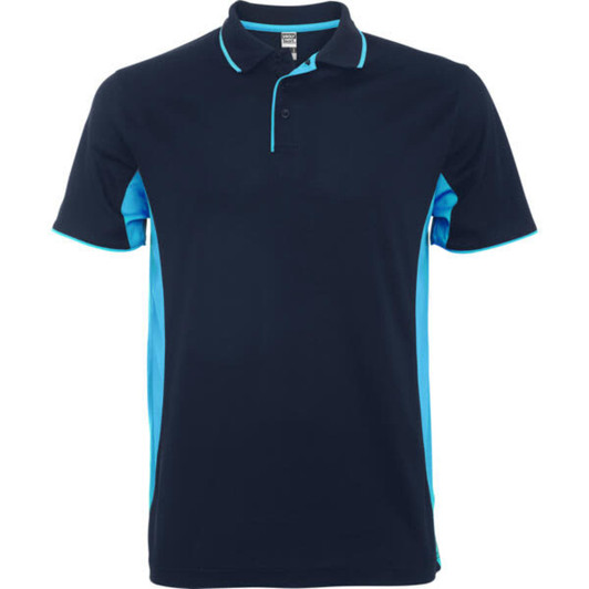 A navy blue polo shirt with light blue accents and a collar. Features a logo on the chest area.