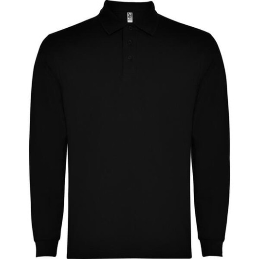 A black long-sleeve polo shirt with a collar and buttons, featuring a logo on the label.