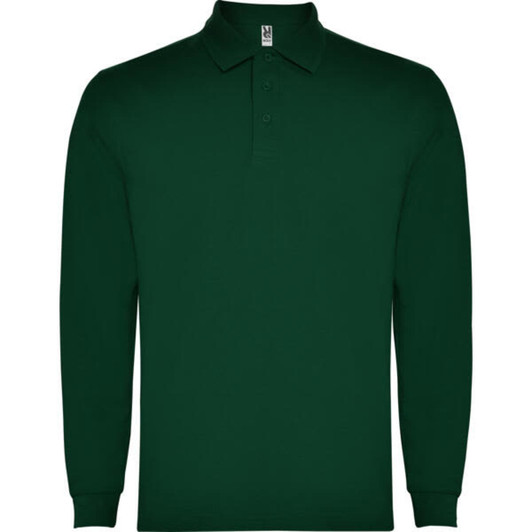 A long-sleeved polo shirt in dark green with a collar and buttons. It features a logo on the upper side.