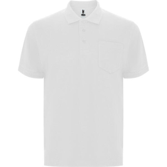 A white polo shirt with a pocket and a logo on the collar. Short sleeves and a classic fit.