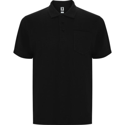 A black polo shirt featuring a collar, short sleeves, and a pocket on the left chest. The shirt has a logo.