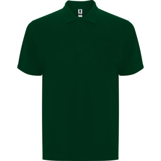 A dark green polo shirt with a collar and a pocket on the left chest. It has a logo on the label.