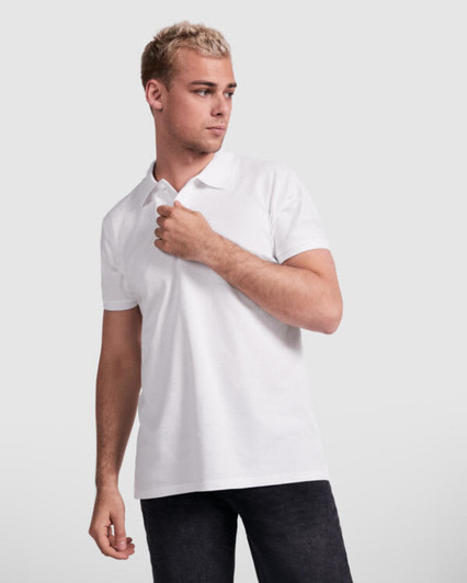A white polo shirt with a collar, displayed on a model against a plain background. It features a logo on the chest.