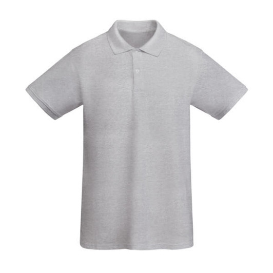 A grey polo shirt with short sleeves and a collar, featuring a logo.