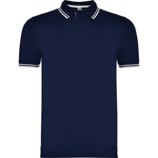 A navy polo shirt featuring a classic collar and contrasting striped trim. It includes a logo.