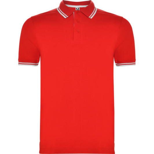 A red polo shirt with a classic collar and contrasting striped accents on the sleeves. It features a logo on the chest.