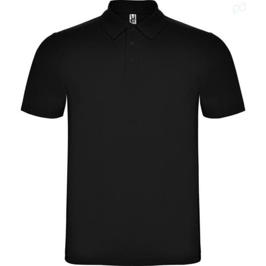 A black polo shirt with a collar and short sleeves, featuring a logo on the front.