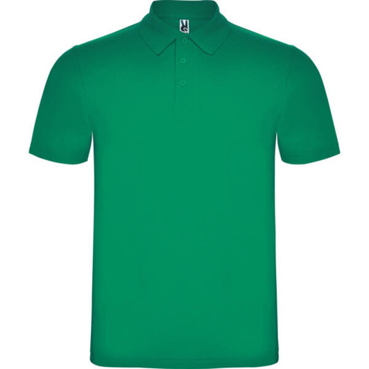 A green polo shirt featuring a collar and short sleeves, with a logo on the label.