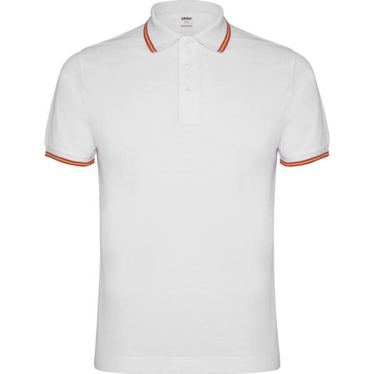 A white polo shirt featuring contrasting orange stripes on the collar and sleeves, complete with a logo.