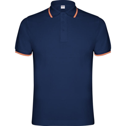 A navy polo shirt with contrasting orange trim and a branded tag at the collar. Short sleeves and a classic fit.