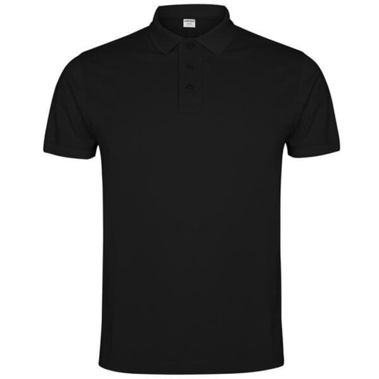 A black polo shirt with a collar and three buttons, featuring a logo on the chest.