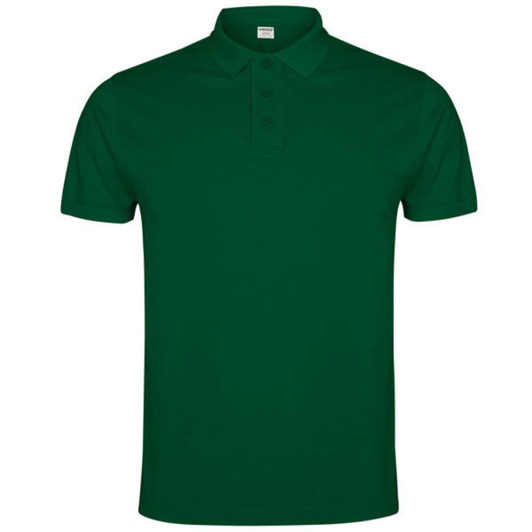 A green polo shirt with a classic collar, featuring a logo on the chest and a buttoned placket.