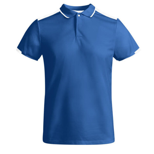 A blue polo shirt with white accents on the collar and sleeves, featuring a logo.