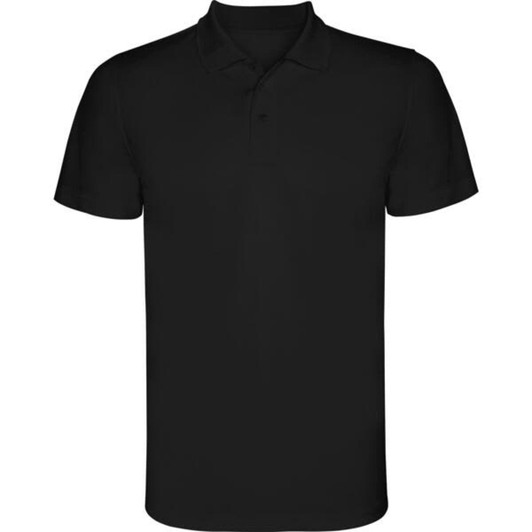 A black polo shirt with a collar and short sleeves, featuring a logo on the chest.