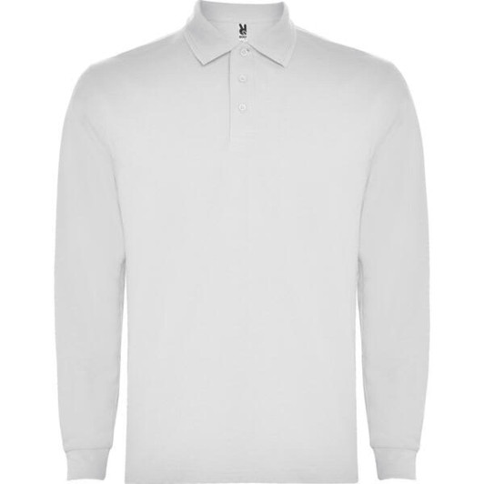 A long-sleeved, white polo shirt featuring a collar and a logo.