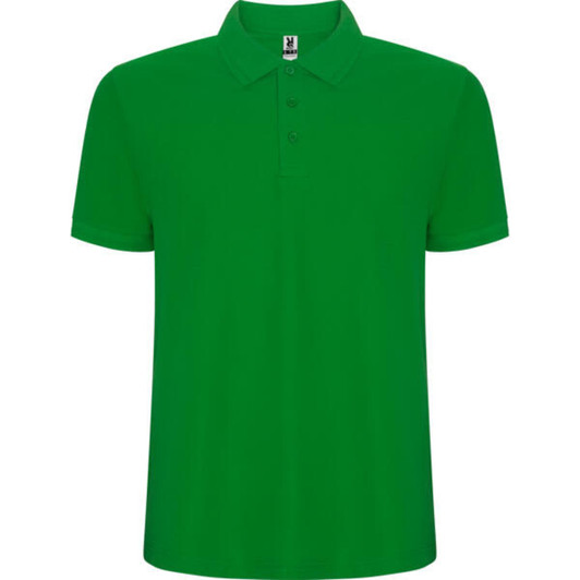 A green polo shirt with a collar and three buttons, featuring a branding logo.