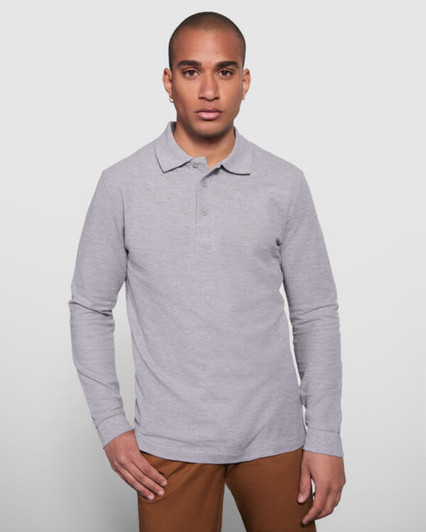 A long sleeve polo shirt in grey, featuring a collar and a logo on the chest.