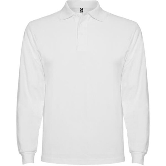 A white long sleeve polo shirt featuring a collar and a branding logo.