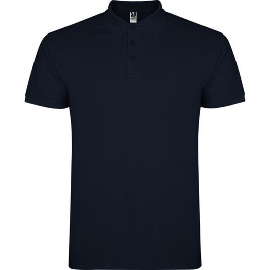 A navy blue polo shirt featuring a classic collar and a logo on the label. Simple and stylish design.